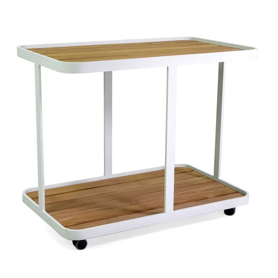 Carrello in Alluminio di Diverse Finiture con Ruote e Piano in Teak - Tenda Viadurini