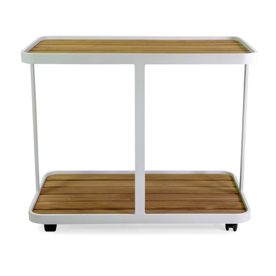 Carrello in Alluminio di Diverse Finiture con Ruote e Piano in Teak - Tenda Viadurini