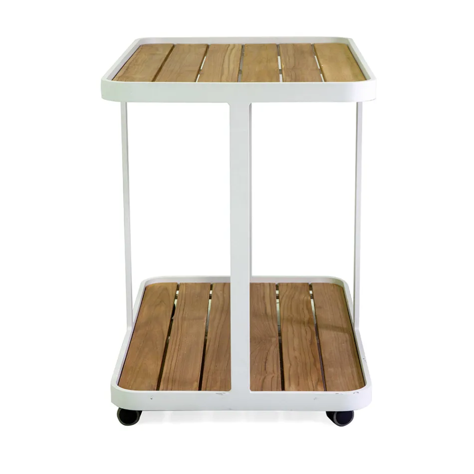 Carrello in Alluminio di Diverse Finiture con Ruote e Piano in Teak - Tenda Viadurini