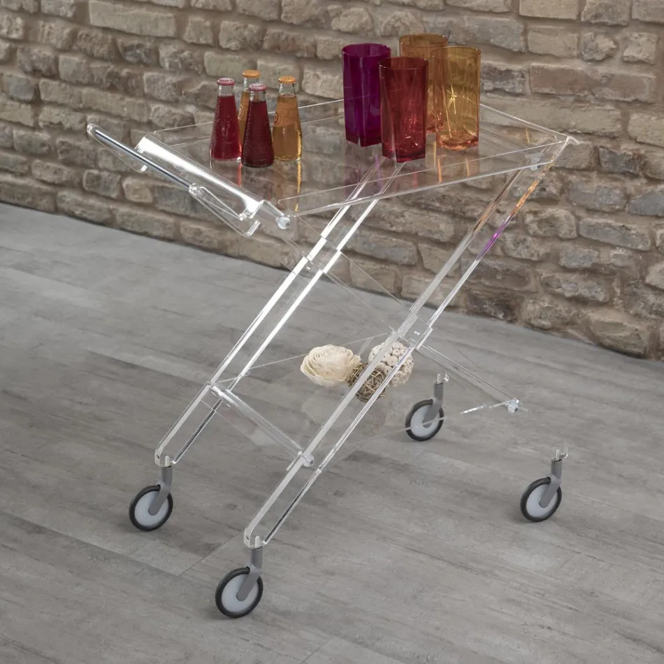 Carrello Pieghevole in Cristallo Acrilico Trasparente 2 Vassoi - Aristocle Viadurini