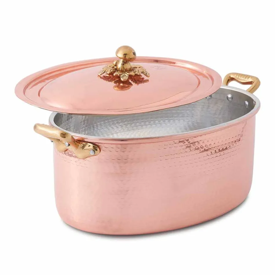 Casseruola in Rame Ovale Stagnato a Mano da Forno e Coperchio 31x22 cm - Mariag Viadurini
