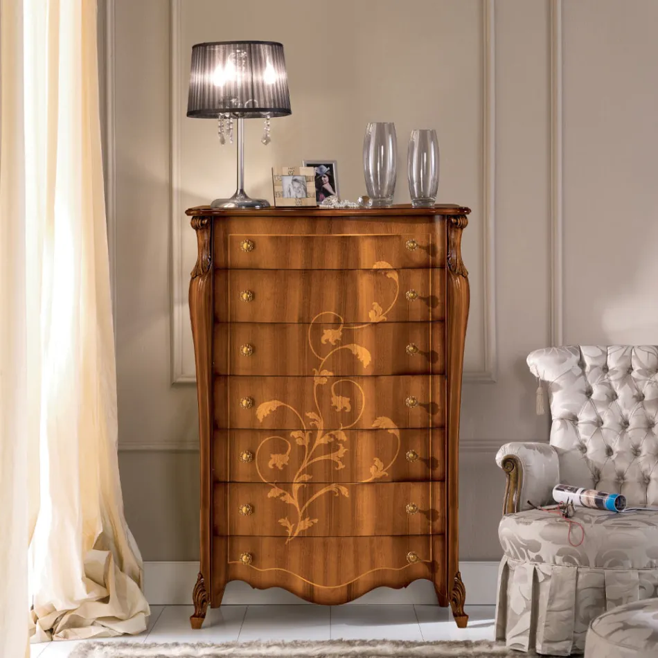 Cassettiera 7 Cassetti in Legno Noce Intarsiato Made in Italy - Commodo Viadurini