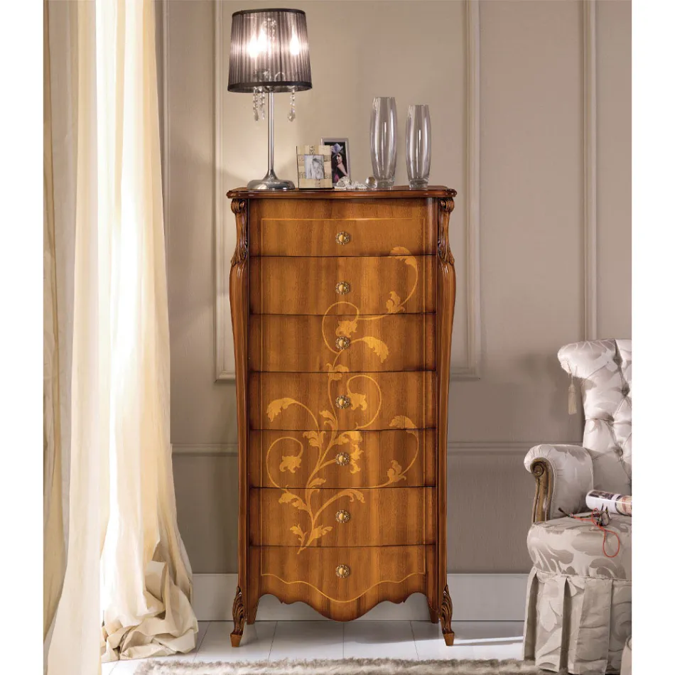 Cassettiera 7 Cassetti in Legno Noce Intarsiato Made in Italy - Commodo Viadurini