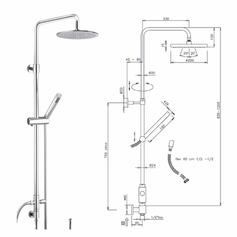 Colonna Doccia a Sezione Tonda in Ottone con Doccetta Made in Italy - Amadeo Viadurini