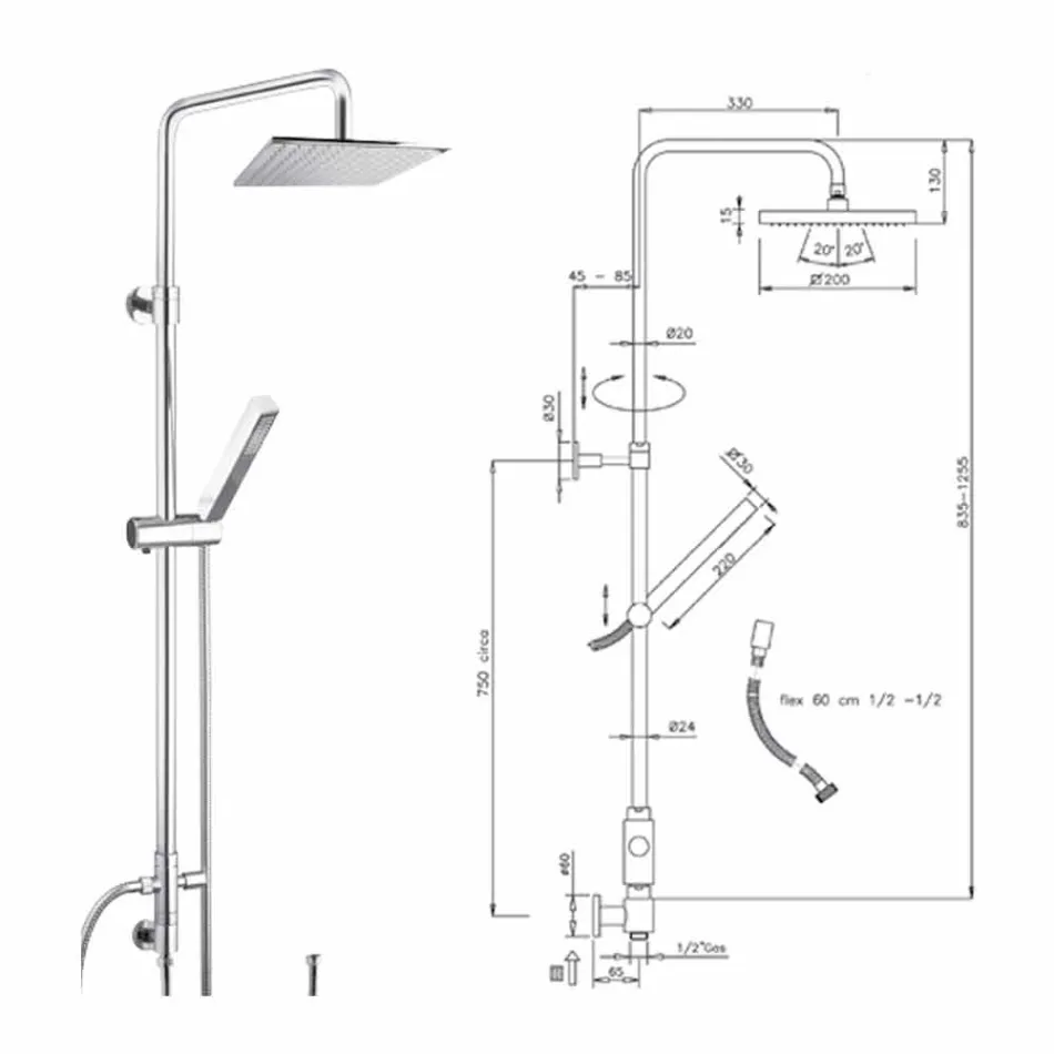 Colonna Doccia in Ottone con Soffione e Doccetta in Abs Made in Italy - Lesio Viadurini