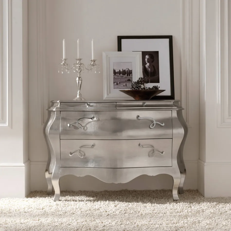 Comò in Legno Massello Finitura Foglia Argento Made in Italy - Bruges Viadurini