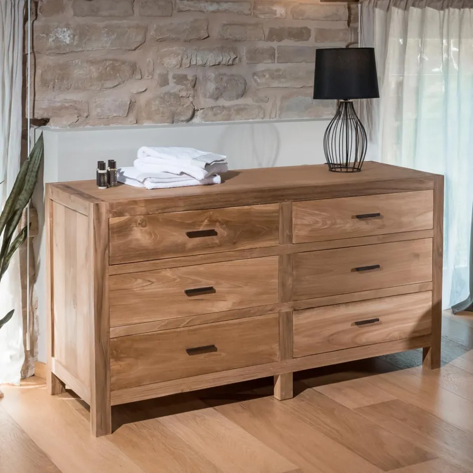 Comò in Teak Massello con 6 Cassetti - Muay Viadurini