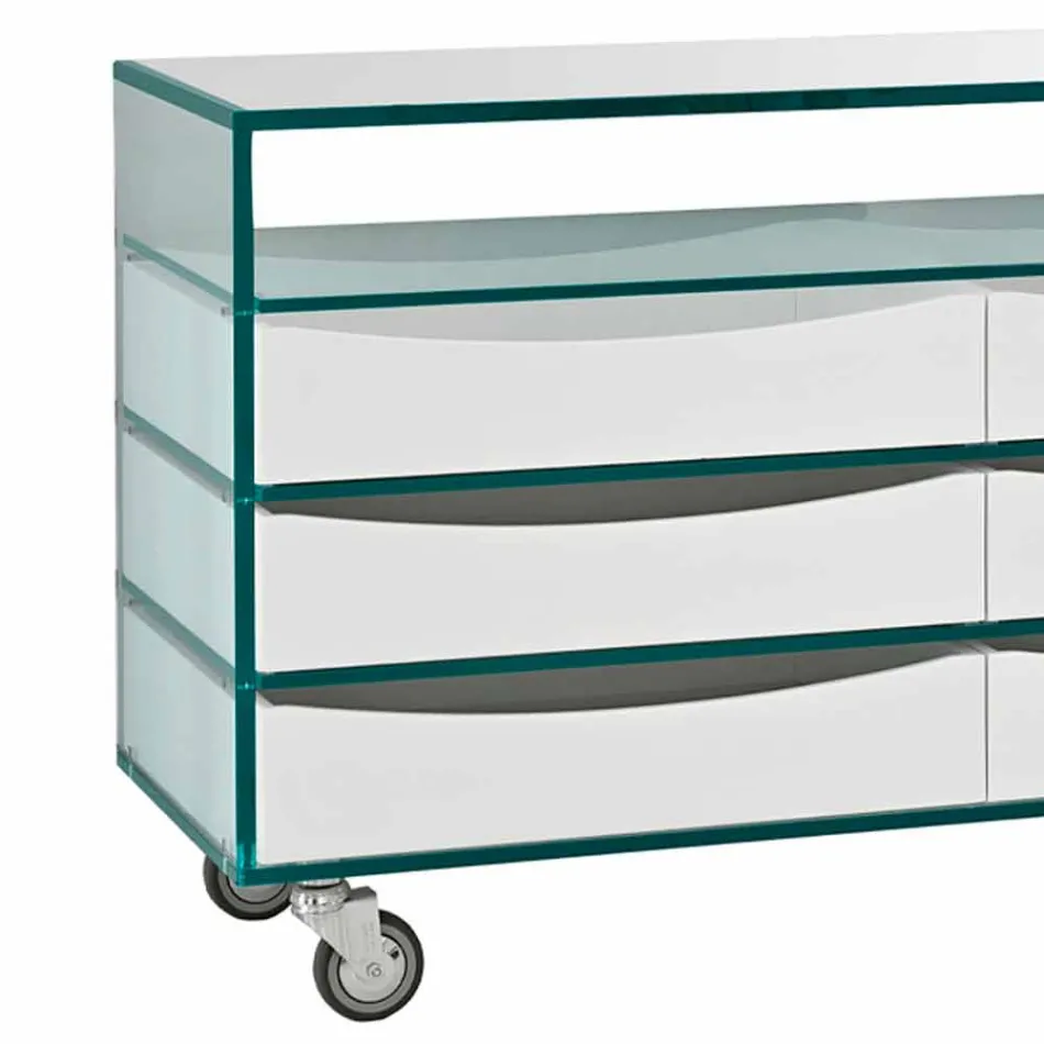 Comò in Vetro Extrachiaro e Sei Cassetti in Legno Bianco Made in Italy – Ganzo Viadurini