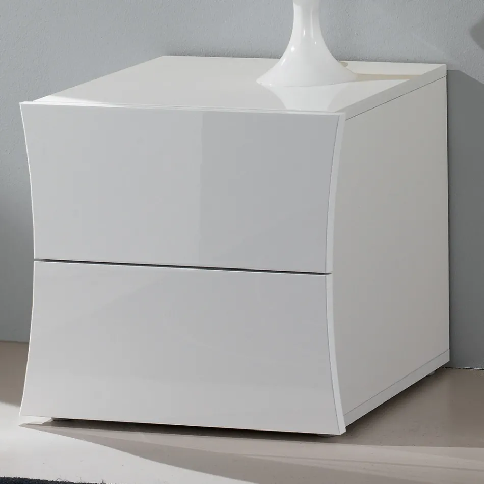 Comodino Camera da Letto 2 Cassetti Legno Bianco Design ad Arco - Sabine Viadurini