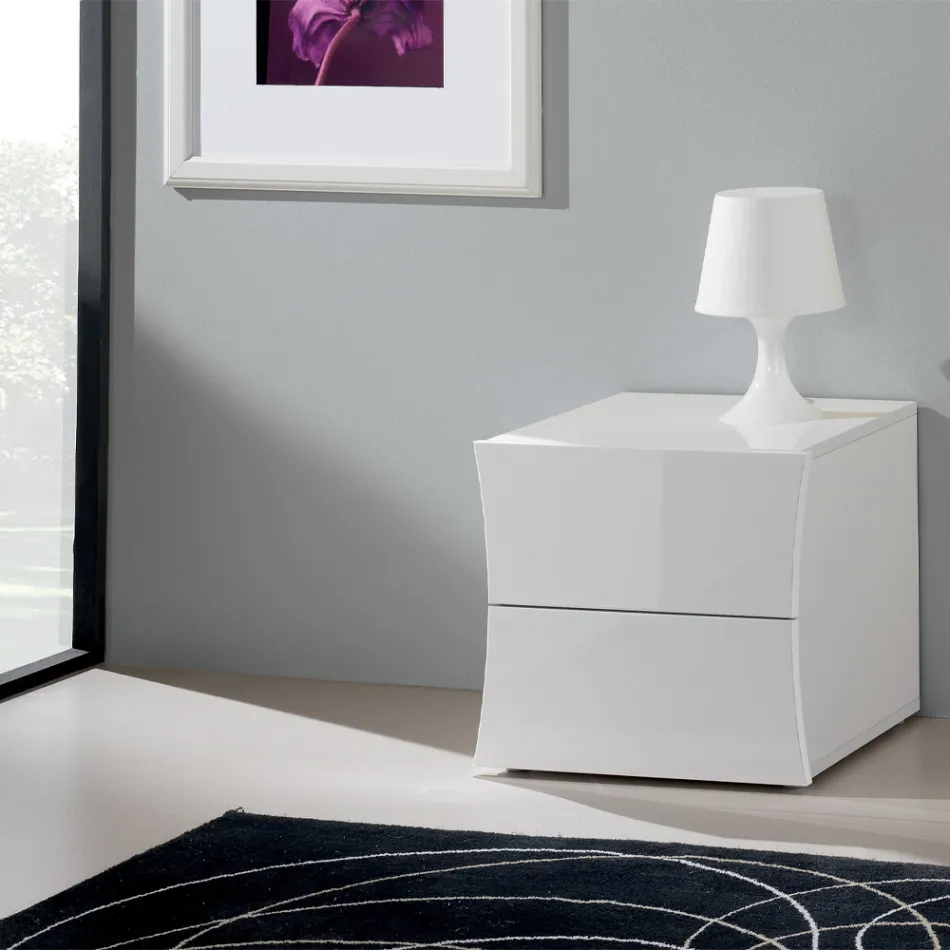 Comodino Camera da Letto 2 Cassetti Legno Bianco Design ad Arco - Sabine Viadurini