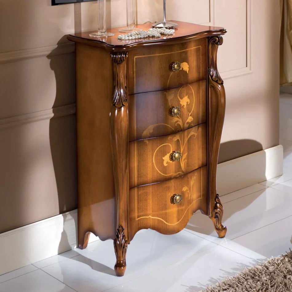Comodino Classico in Legno Intarsiato 4 Cassetti Made in Italy - Ottaviano Viadurini