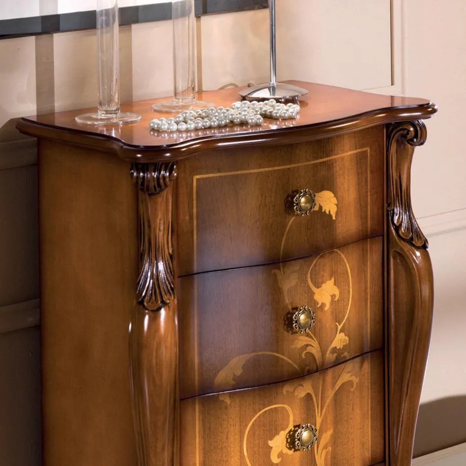 Comodino Classico in Legno Intarsiato 4 Cassetti Made in Italy - Ottaviano Viadurini