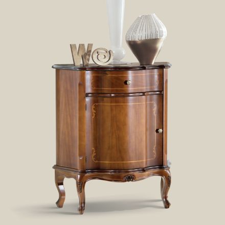 Comodino Classico Legno Intarsiato Anta e Cassetto Made in Italy - Leonor Viadurini