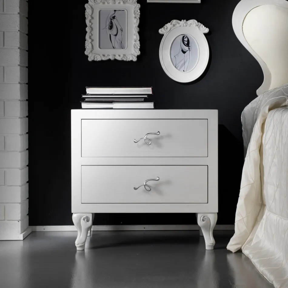 Comodino con 2 Cassetti in Finitura Bianco Perla Made in Italy - Bacau Viadurini