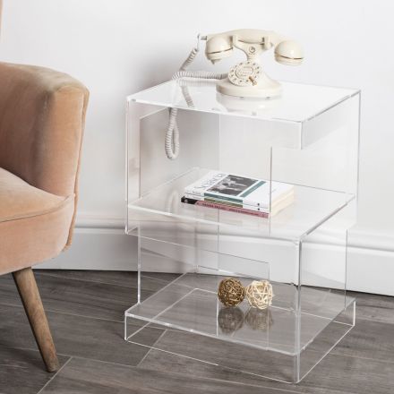 Comodino Design Cristallo Acrilico Trasparente Moderno con Ripiano - Icaria Viadurini