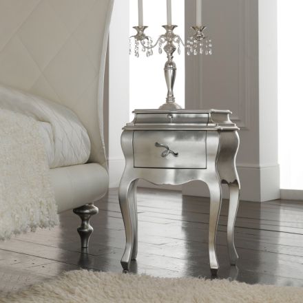 Comodino in Legno Massello Finitura Foglia Argento Made in Italy - Bruges Viadurini