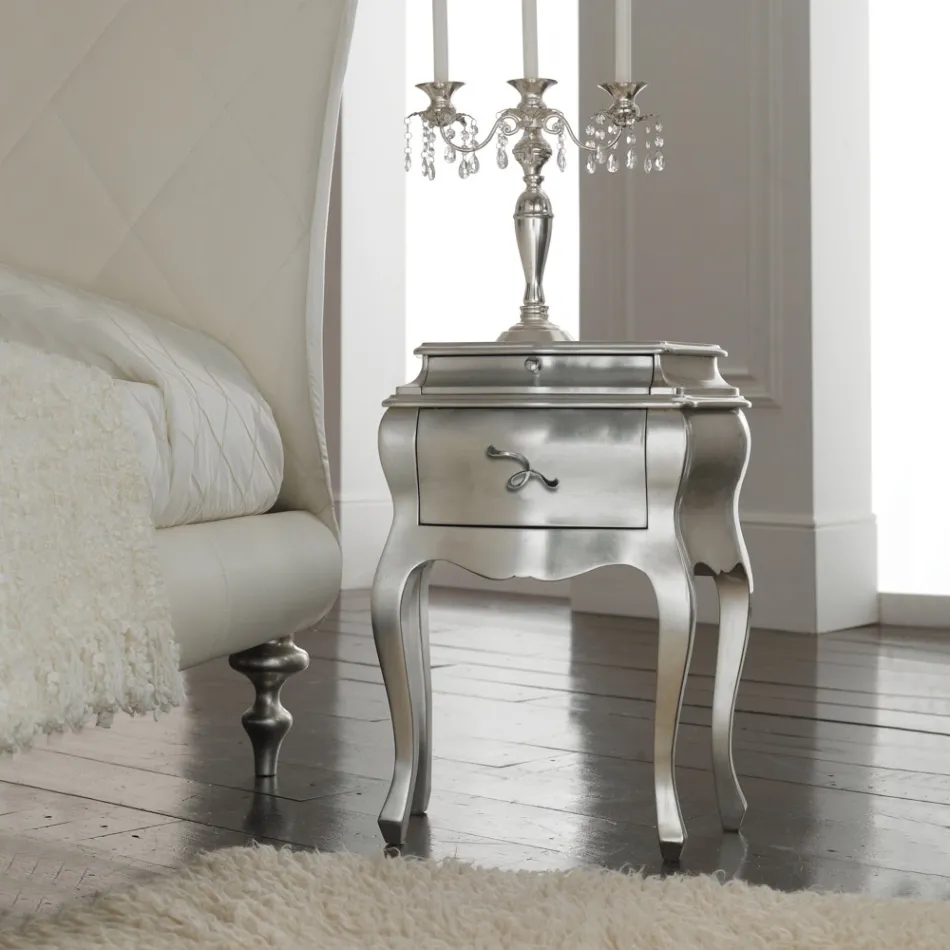 Comodino in Legno Massello Finitura Foglia Argento Made in Italy - Bruges Viadurini