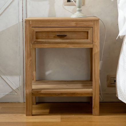 Comodino in Teak Massello con 1 Cassetto - Penca Viadurini