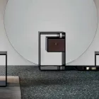 Comodino Tavolino in Vetro Fumè con Cassetto in Cuoio 2 Dimensioni - Linzy Viadurini
