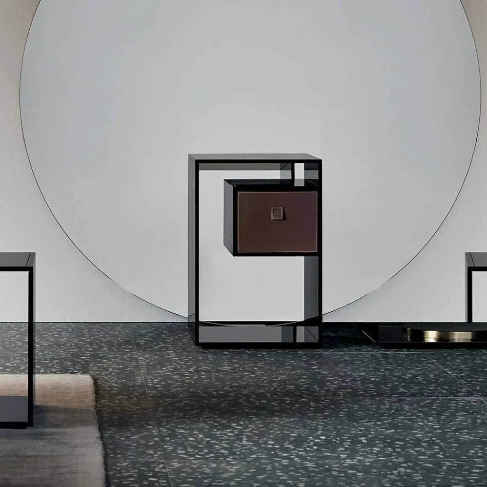 Comodino Tavolino in Vetro Fumè con Cassetto in Cuoio 2 Dimensioni - Linzy Viadurini