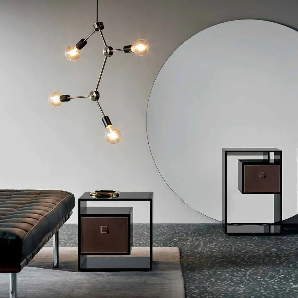 Comodino Tavolino in Vetro Fumè con Cassetto in Cuoio 2 Dimensioni - Linzy Viadurini