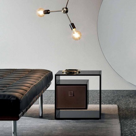 Comodino Tavolino in Vetro Fumè con Cassetto in Cuoio 2 Dimensioni - Linzy Viadurini