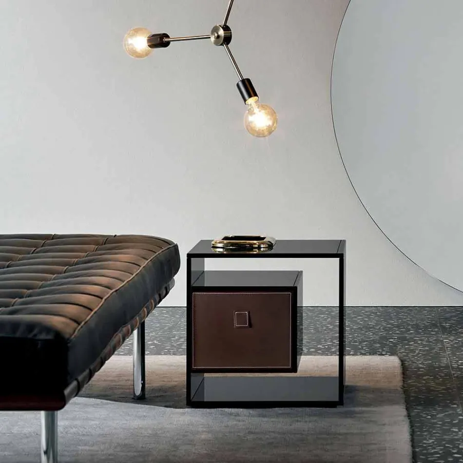 Comodino Tavolino in Vetro Fumè con Cassetto in Cuoio 2 Dimensioni - Linzy Viadurini