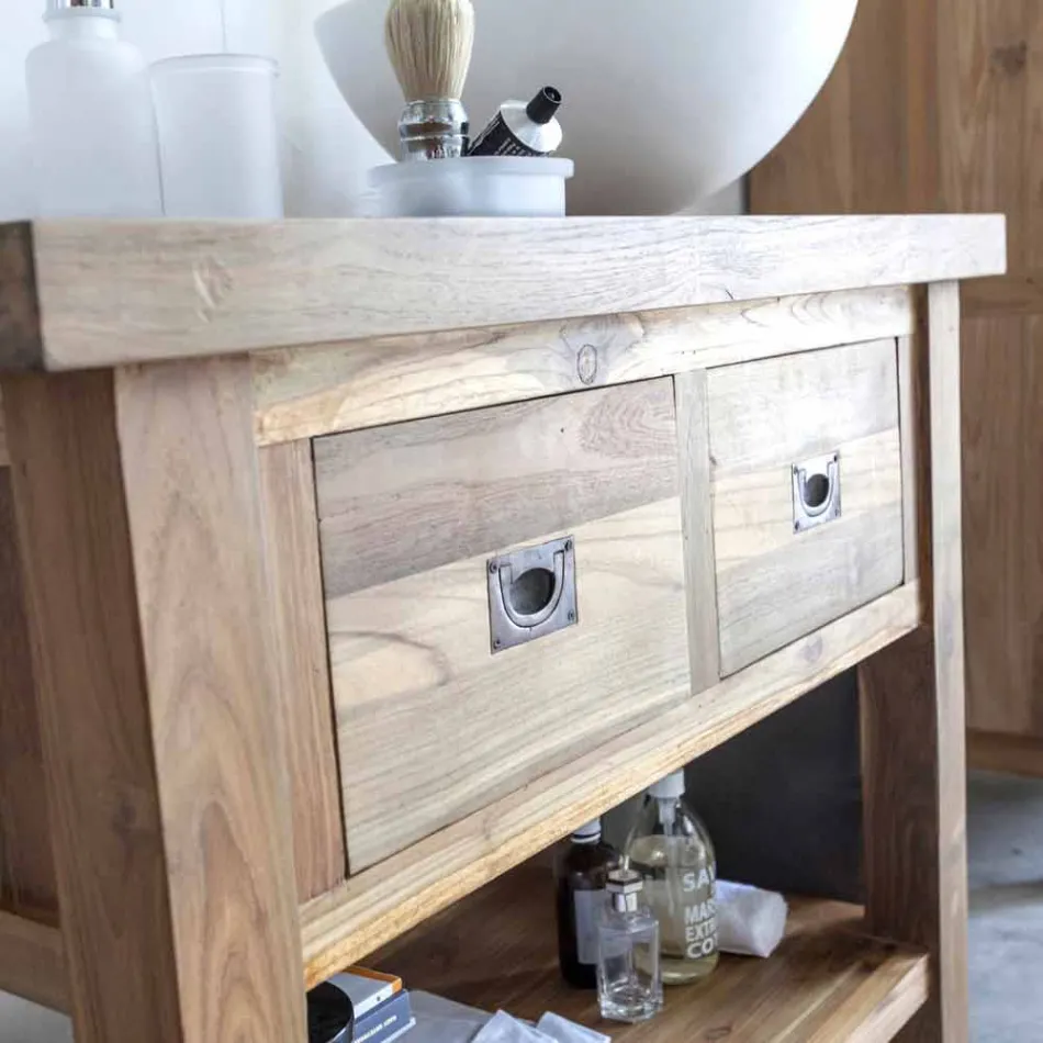 Composizione 3 Mobili Bagno in Legno di Teak con Lavabo in Resina - Essence Viadurini