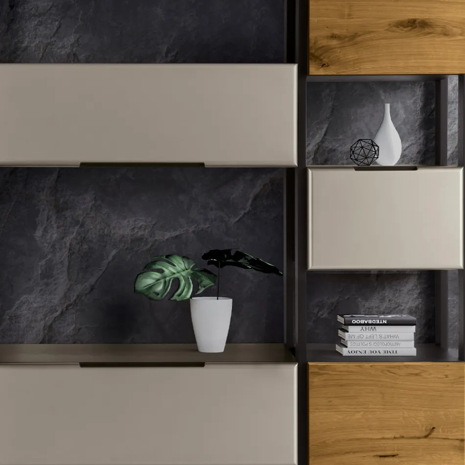 Composizione a Parete in Mdf e Listellare Placcato Rovere Made in Italy - Marit Viadurini