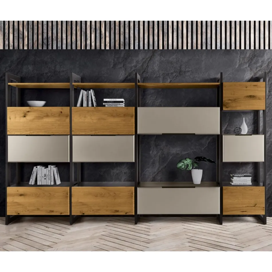 Composizione a Parete in Mdf e Listellare Placcato Rovere Made in Italy - Marit Viadurini