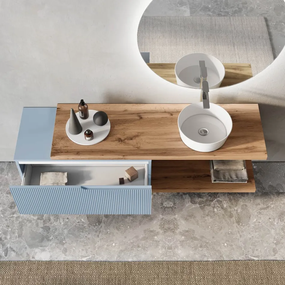 Composizione Bagno Azzurro Tiffany e Quercia con Specchio Made in Italy - Ermes Viadurini