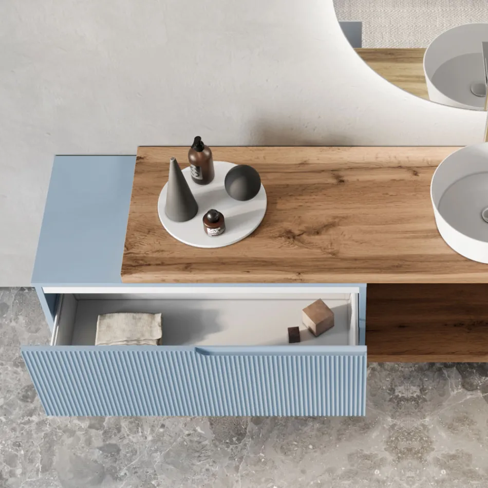 Composizione Bagno Azzurro Tiffany e Quercia con Specchio Made in Italy - Ermes Viadurini