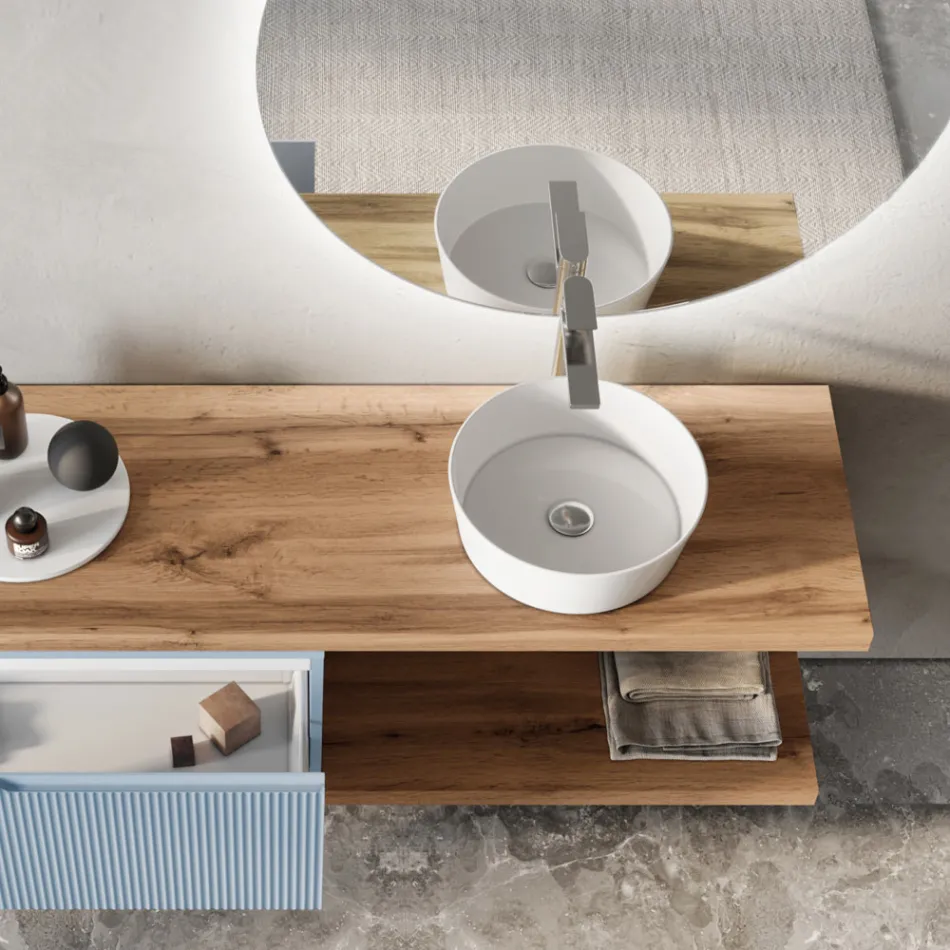 Composizione Bagno Azzurro Tiffany e Quercia con Specchio Made in Italy - Ermes Viadurini