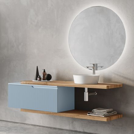 Composizione Bagno Azzurro Tiffany e Quercia con Specchio Made in Italy - Ermes Viadurini