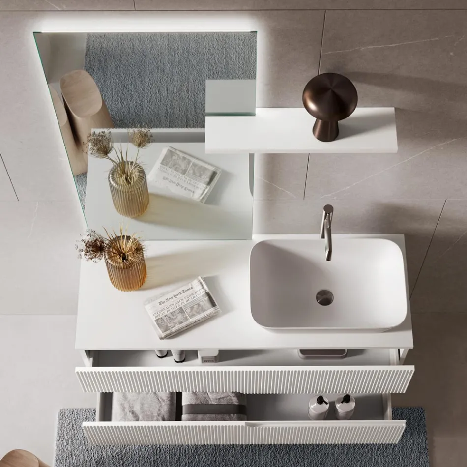 Composizione Bagno Bianca con Specchio e Mensola Made in Italy - Ares Viadurini