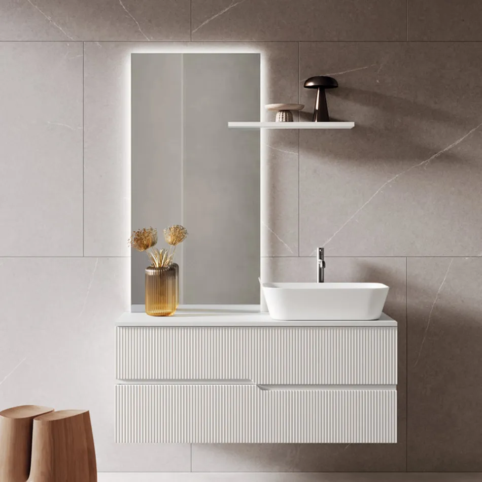 Composizione Bagno Bianca con Specchio e Mensola Made in Italy - Ares Viadurini