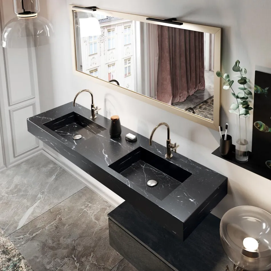 Composizione Bagno Completa di Specchio e Doppio Lavabo Made in Italy - Palom Viadurini