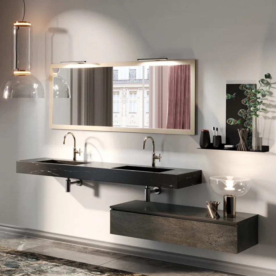 Composizione Bagno Completa di Specchio e Doppio Lavabo Made in Italy - Palom Viadurini