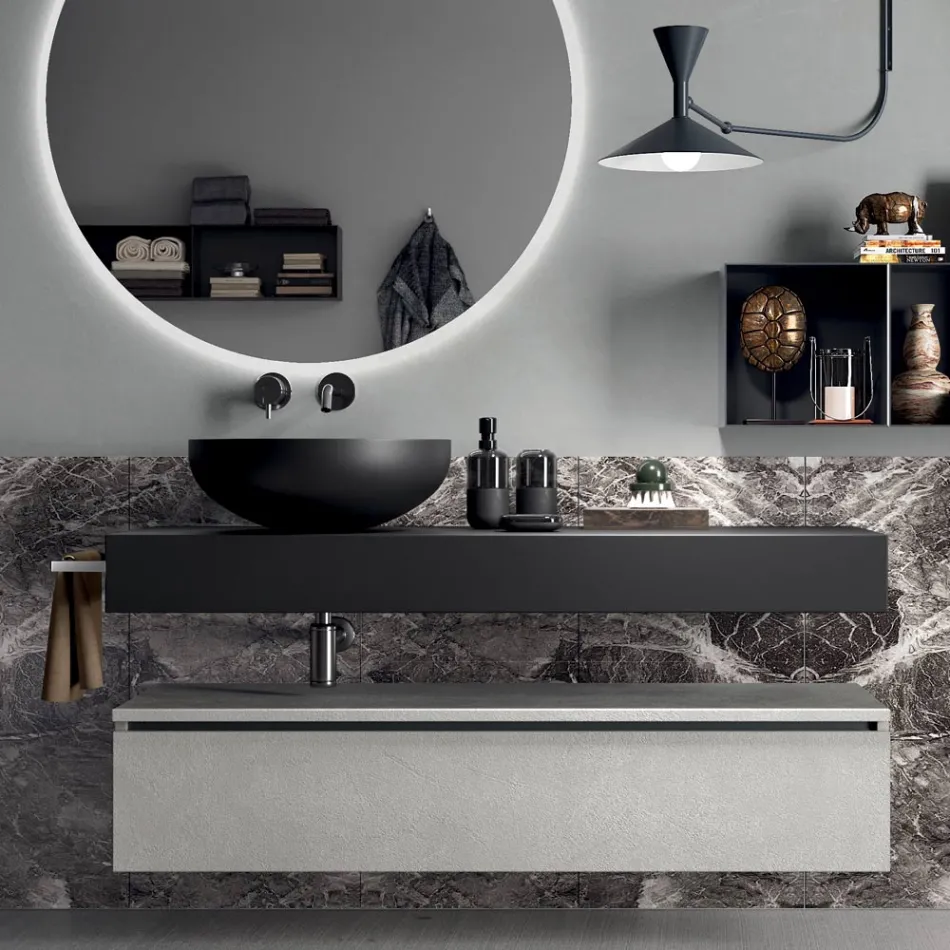 Composizione Bagno Completa di Specchio, Lavabo, Base e Top Made in Italy - Palom Viadurini