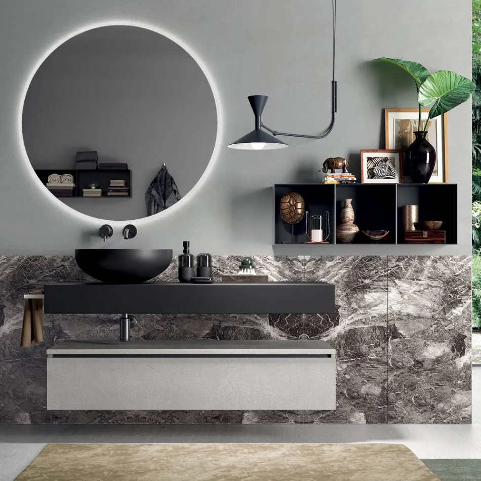 Composizione Bagno Completa di Specchio, Lavabo, Base e Top Made in Italy - Palom Viadurini