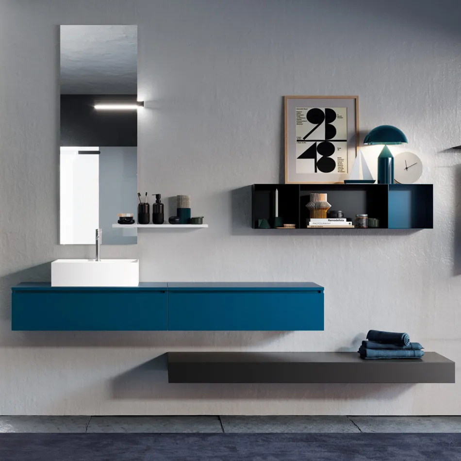 Composizione Bagno Completa di Specchio, Lavabo in Ceramica Made in Italy - Palom Viadurini