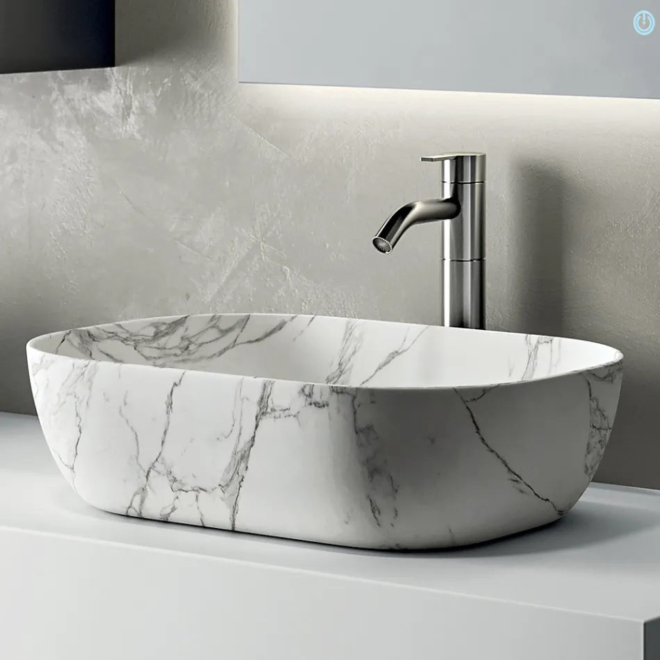 Composizione Bagno Composta da Mensola con Lavabo, Pensili e Specchio - Velaria Viadurini