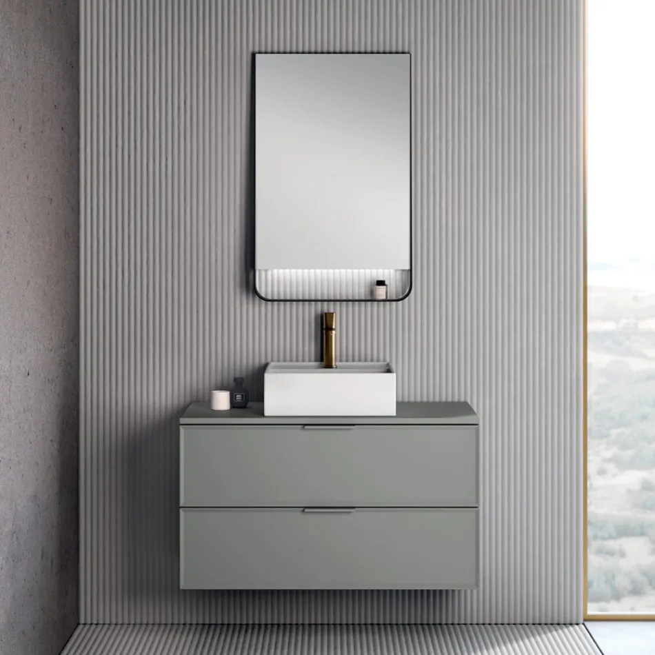 Composizione Bagno Comprensiva di 1 Base con 2 Cassetti, Lavabo e Specchio Led - Orione Viadurini