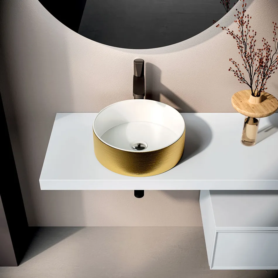 Composizione Bagno Comprensiva di Base con Cassetto, Lavabo, Specchio e Cubo - Orione Viadurini