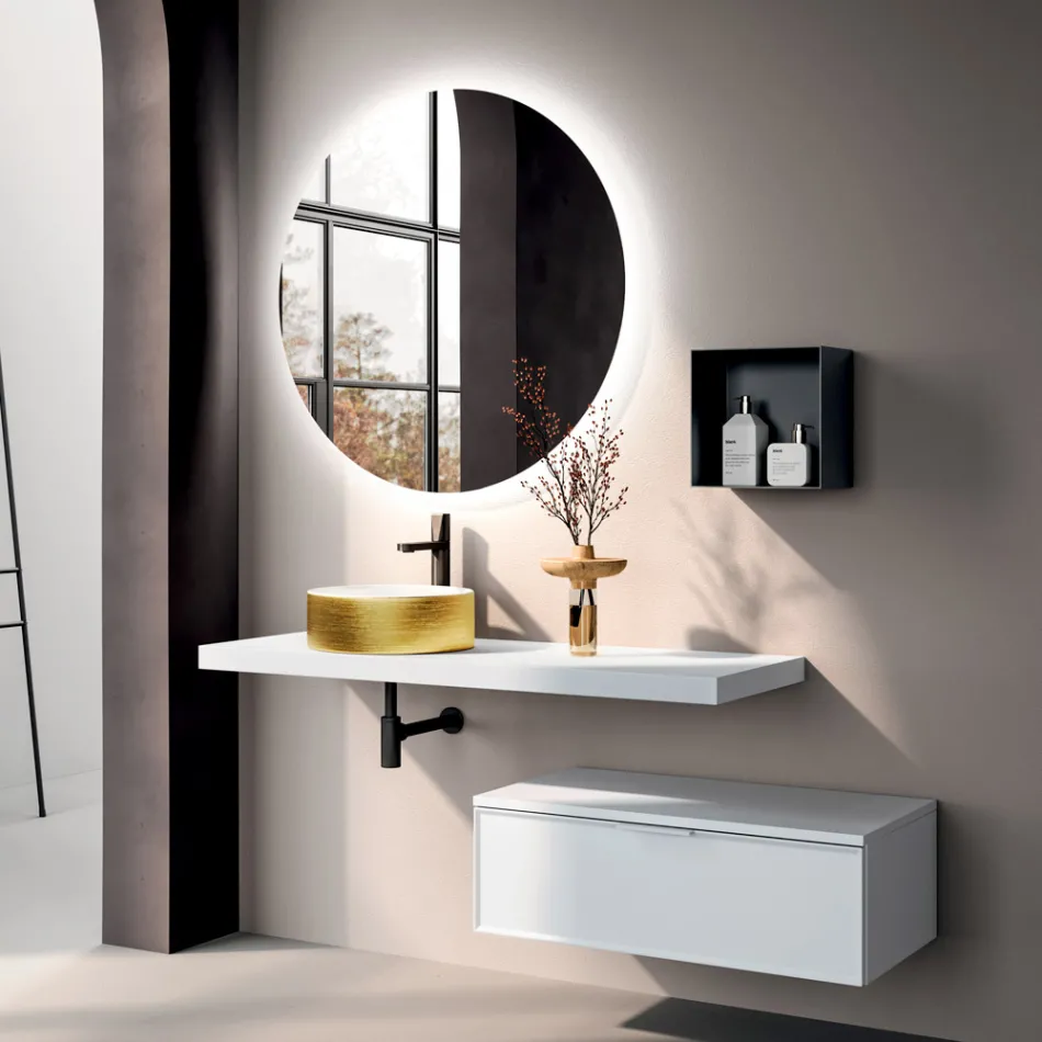 Composizione Bagno Comprensiva di Base con Cassetto, Lavabo, Specchio e Cubo - Orione Viadurini