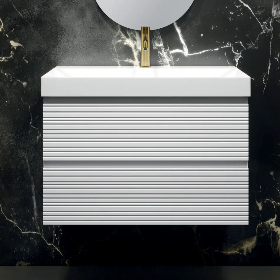 Composizione Bagno con 2 Cassetti Bianco Opaco, Lavabo e Specchio - Elios Viadurini