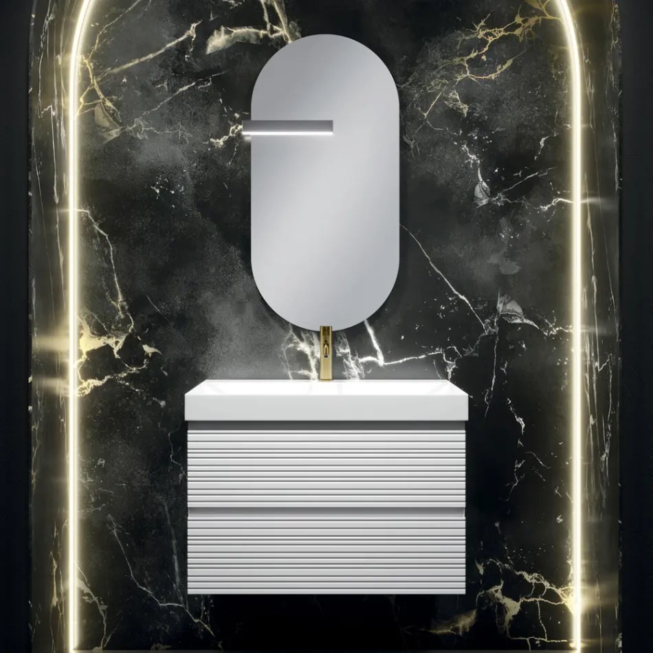 Composizione Bagno con 2 Cassetti Bianco Opaco, Lavabo e Specchio - Elios Viadurini