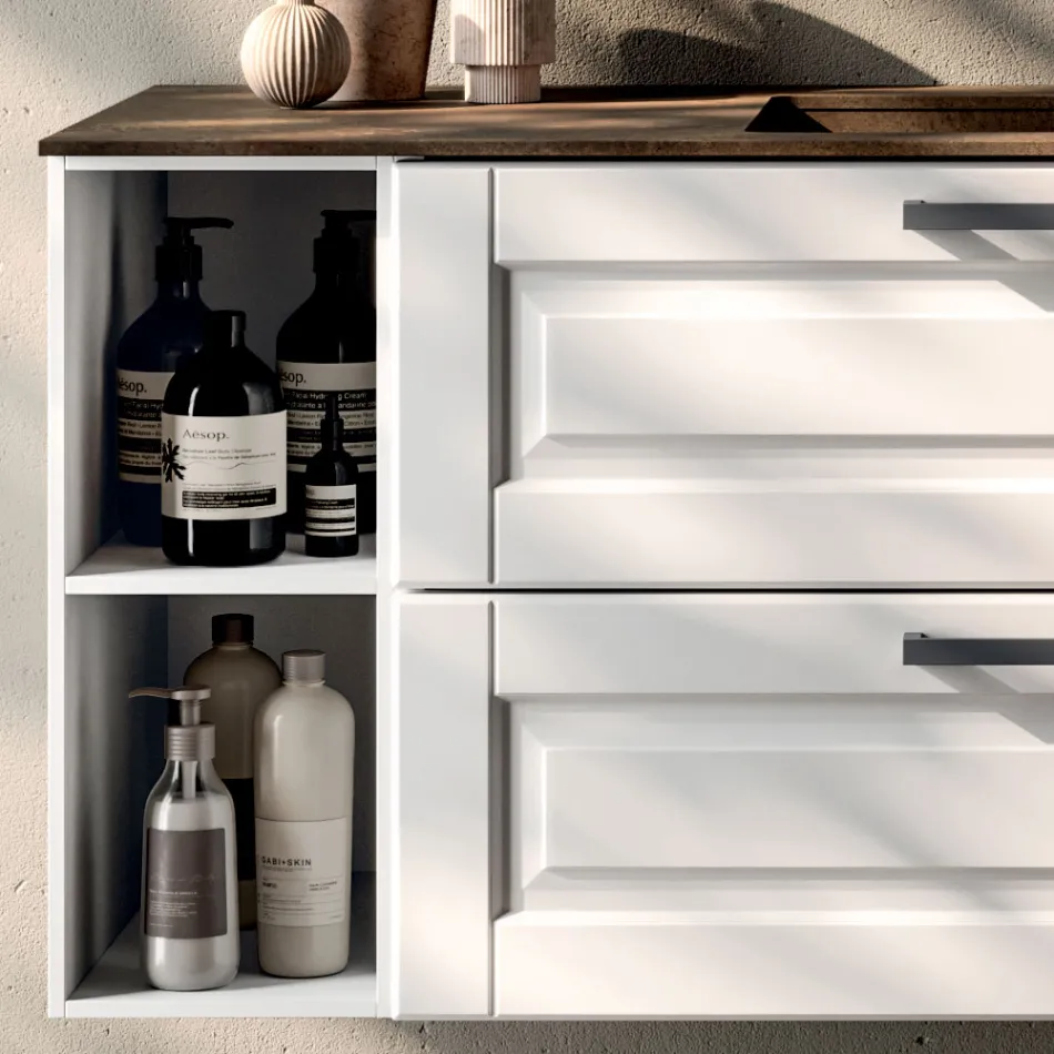 Composizione Bagno con 2 Cassetti e 2 Vani a Giorno, Specchio e Lavabo - Magnolia Viadurini