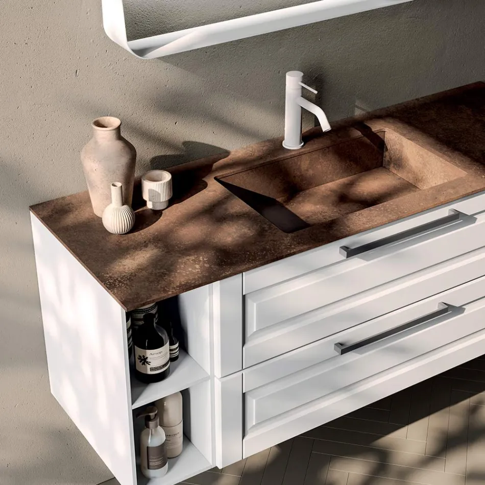 Composizione Bagno con 2 Cassetti e 2 Vani a Giorno, Specchio e Lavabo - Magnolia Viadurini