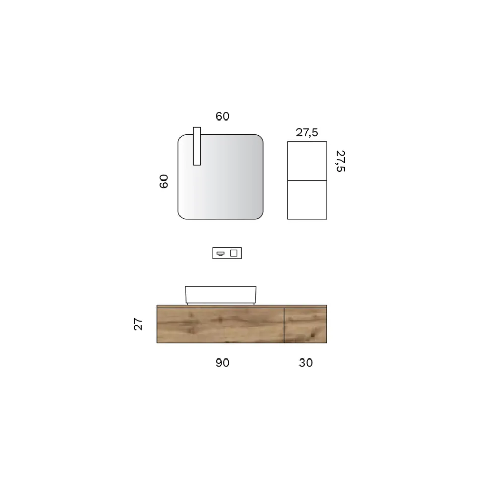 Composizione Bagno con 2 Cassetti in Quercia, Lavabo in Ceramica e Specchio - Titan Viadurini